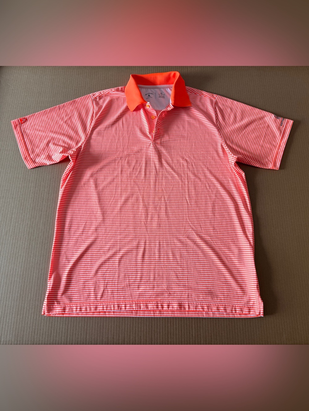 Antigua Men's Coral-Striped Polo with Bright Orange Collar